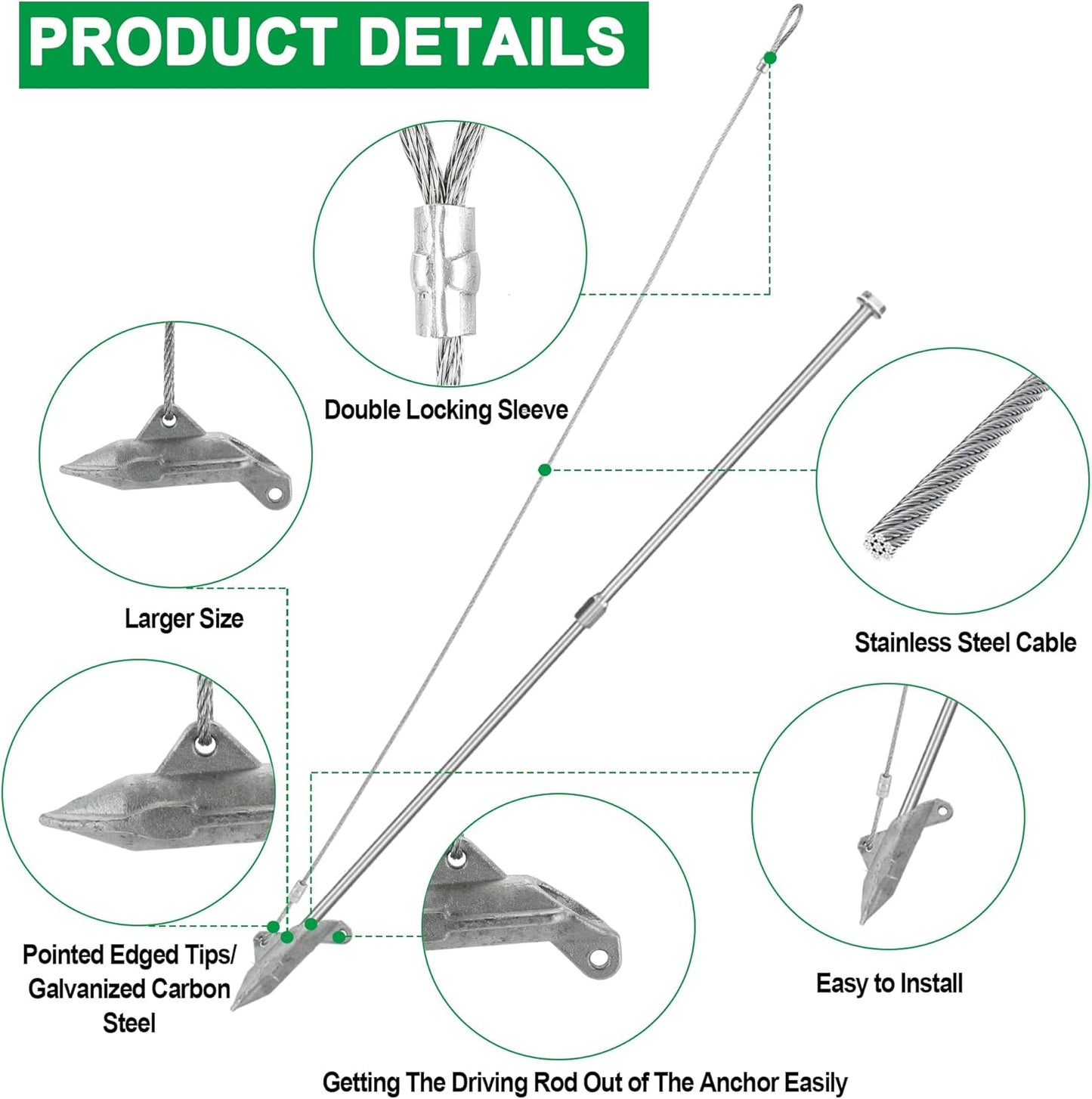(12 Pack) Drive-In Ground Earth Anchors with Rod, 30inch Cable Earth Anchor Heavy Duty for High Winds, Easy Hook Anchor for Fixing Shed, Carports, Tent, Swing Set, Greenhouse, Gazebo.