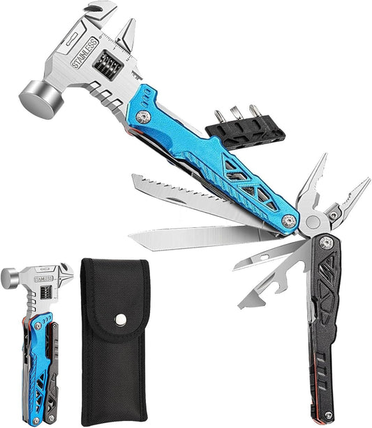 18-in-1 Multitool Hammer with Adjustable Wrench, Stainless Steel Multi Tool Pliers All-in-One Survival Camping Multi Tool with Pocket Knife Hammer Saw Screwdrivers Bottle Opener with Carrying Pouch