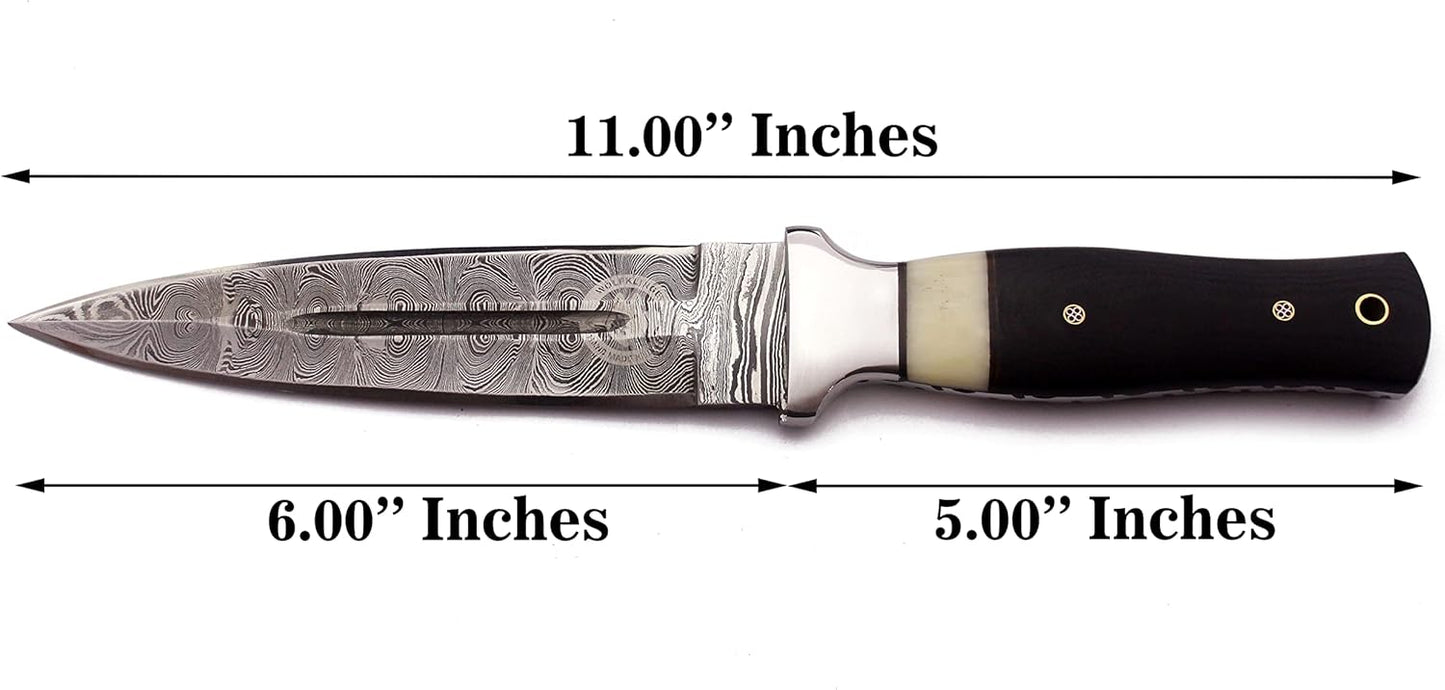 11" Handmade Damascus Steel Fixed Blade Knife – Ultimate Spear Point Dagger for Hunting, Survival, Camping, Hiking and Fishing – Full Tang Micarta Handle with Premium Cowhide Leather Sheath (DCX 22-58)