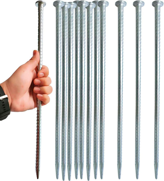 16 Inch Rebar Stakes 14 Pack - 0.5 Inch Diameter Threaded Galvanized Steel Ground Anchors - Heavy Duty Plant Support Garden Stake for Speed Bump, Wheel Stop, Tent Stakes