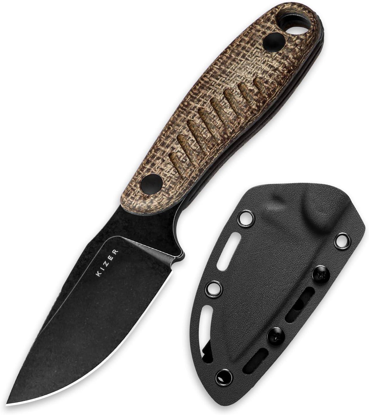 Kizer Hare Fixed Blade Knife with Sheath, 3.14" D2 Steel Blade EDC Hunting Knife with Burlap Micarta and Black G10 Handle, Small Survival Knives, Outdoor Camping Knives for Men Women 1077M3