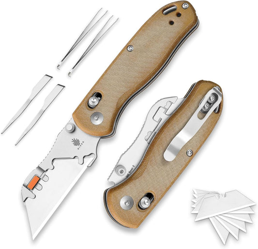 Kizer Uti Bear(Tool-Free Version) Folding Utility Knife, Quick Change Box Cutter EDC knife with 5PCS Razor Blades, Clutch Lock & Pocket Clip Small Pocket Knives for Men Women V3619JA7