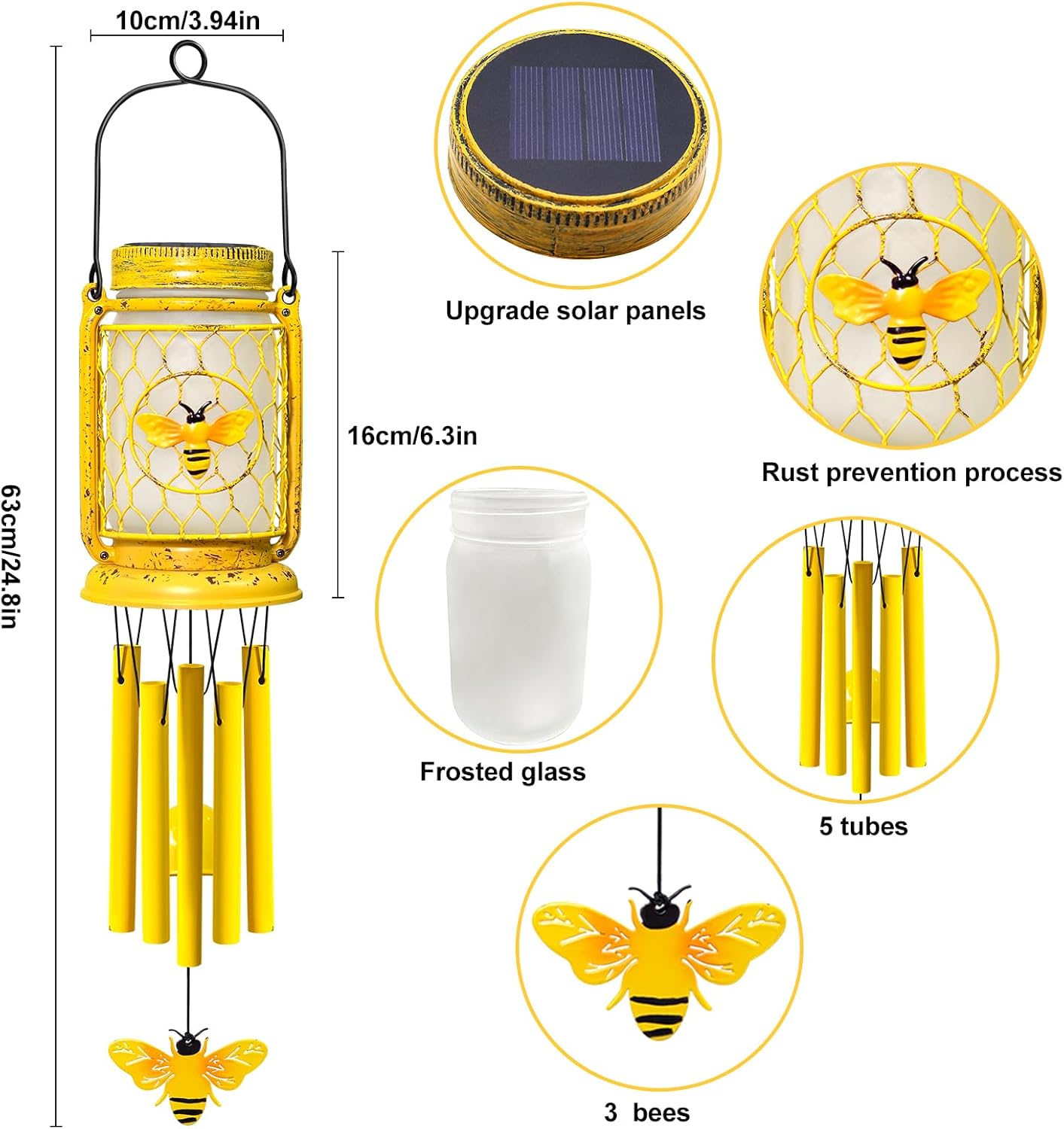 1 Pack Solar Bee Wind Chimes for Outside, Mother' s Day Gifts for Mom Women Grandma, Solar Mason Jar Wind Chime Light Unique Hanging Wind Chimes Outdoor, IP65 Waterproof for Yard Garden Terrace