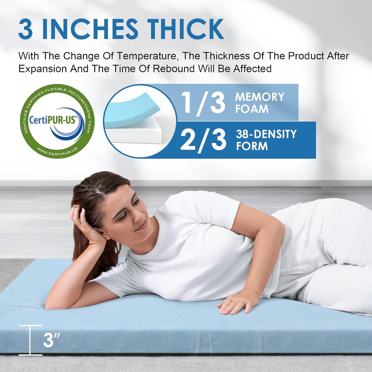 KingChii CertiPUR-US Memory Foam Camping Mattress, Portable Roll Up Travel Car Camping Mattress Sleeping Pad & Floor Mattress, Cot Mattress Guest Bed for Sleepover with Waterproof Cover & Travel Bag