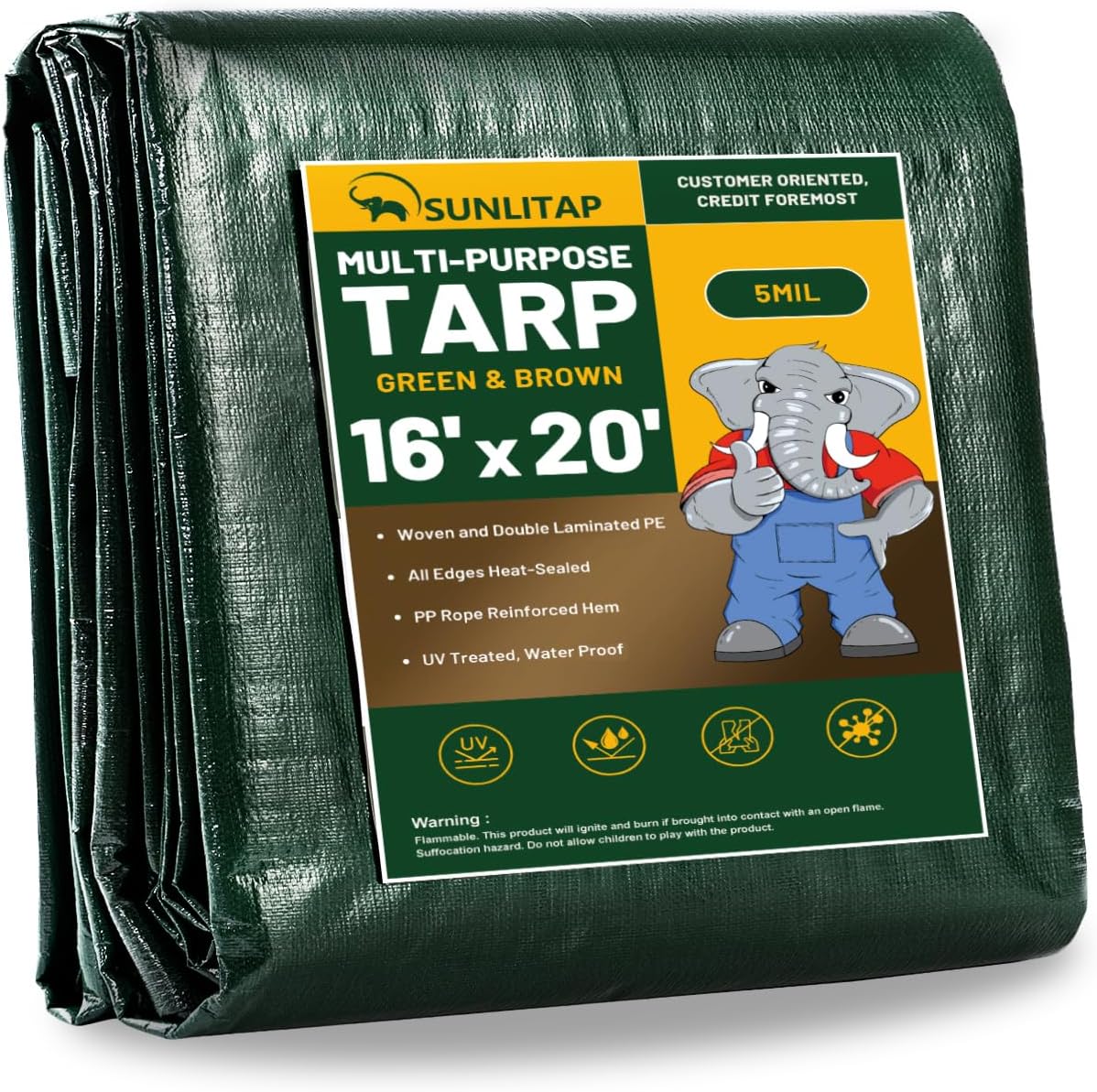 16x20Ft Tarp Cover 5 MIL Waterproof Poly Tarps, Light Duty Tarpaulin with Grommets, Reinforced Edges, Rip & Tear Proof, Multipurpose Finished Size Tarp for Cars, Boat, Roof, Camping - Green