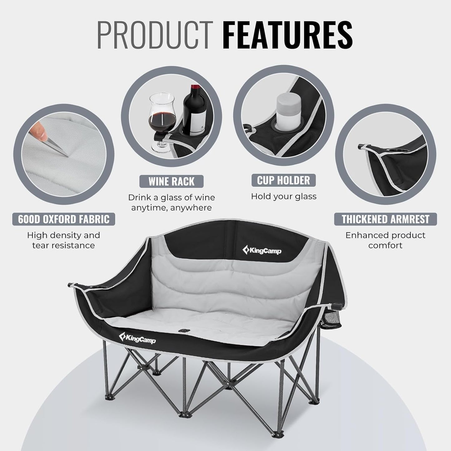 KingCamp Double Camping Chair, Oversized Heavy Duty 550lbs Loveseat for Adults Portable Folding XL 2 Person Couch Padded Comfortable Two Seat with Cup Holder for Outdoor Lawn Backyard, Black/Grey