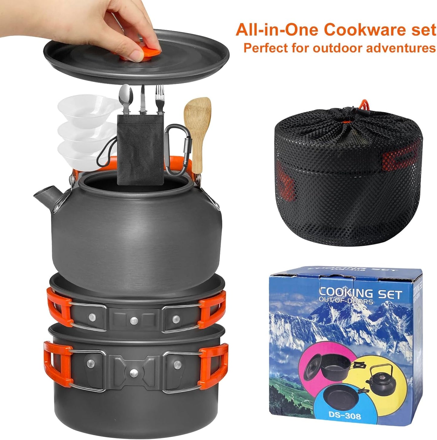 15pcs Camping Cookware, 1.7L Pot, 7inches Pan, 0.8L Kettle Set with Plates Stainless Steel Forks Knives Spoons Camping Cookware Mess Kit for Hiking,Camping,Backpacking,Outdoor Cooking