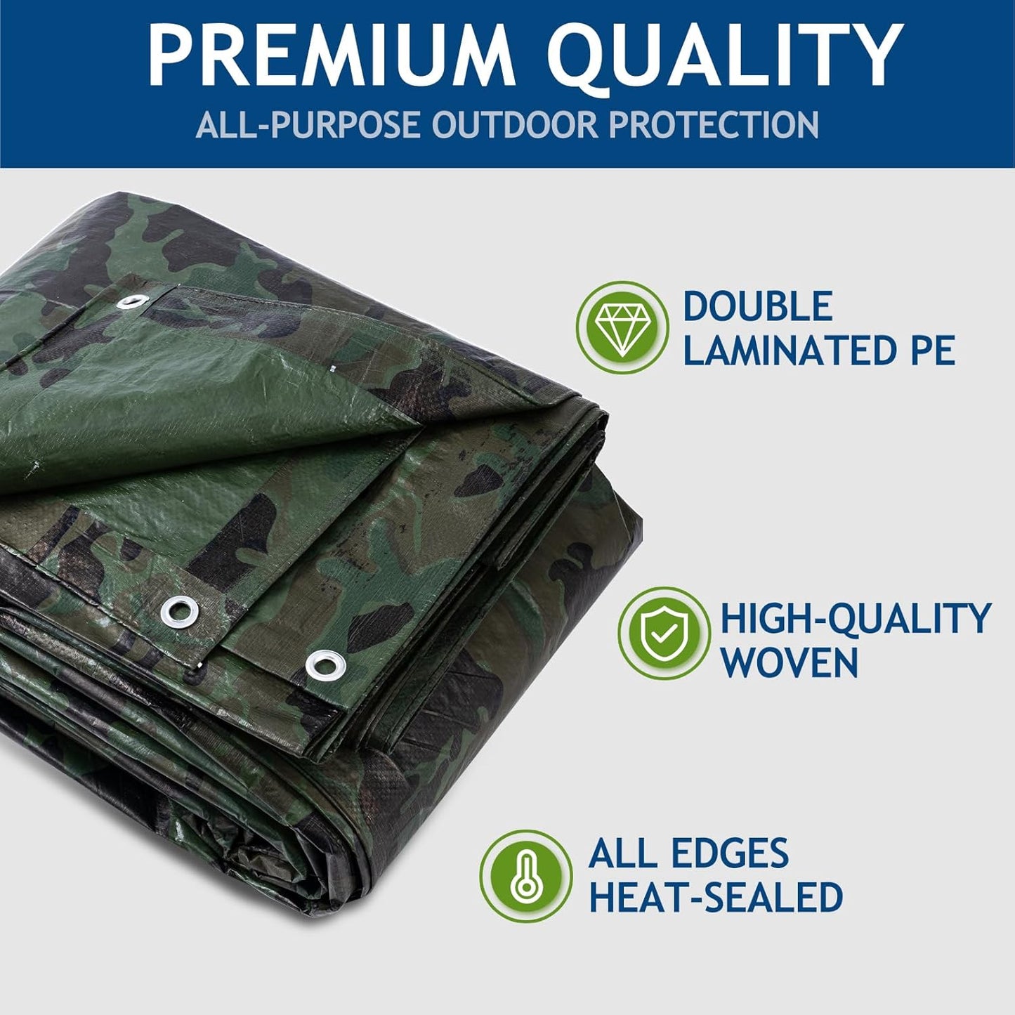 10 Mil Heavy Duty Waterproof Tarps, 8x10 Ft Finished Size Tarps, Premium Tarp with Metal Grommets & Reinforced Edge, Multipurpose Thick Tarp for Car, Boat, Roof, Camping - 2 Pack, Camouflage