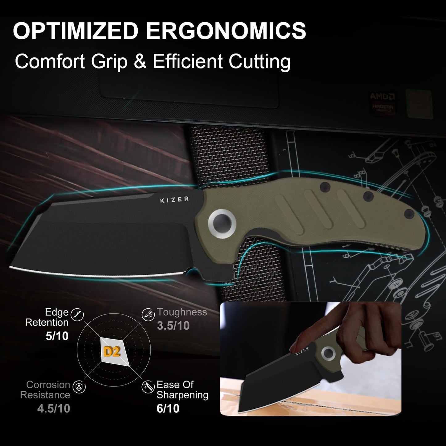 Kizer C01C XL Sheepdog Pocket Knife, 3.9" D2 Sheepsfoot Blade EDC Folding Knife with Green G10 Handle, Liner Lock, Flipper, and Pocket Clip, Camping Survival Knives for Men Women, V5488M1