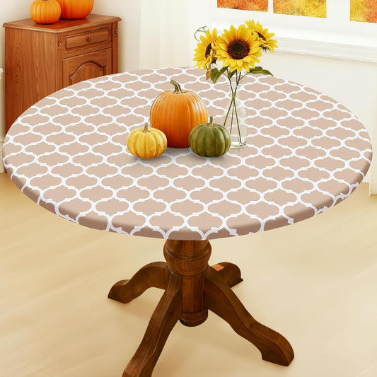 Smiry Round Picnic Tablecloth, Waterproof Elastic Fitted Table Covers for 45" - 56" Tables, Wipeable Flannel Backed Vinyl Tablecloths for Camping, Indoor, Outdoor, Khaki & White