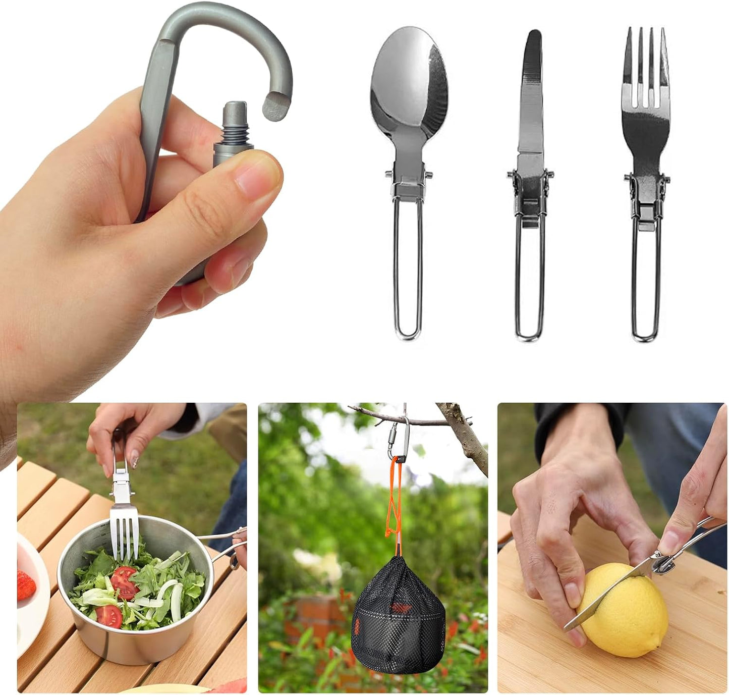 15pcs Camping Cookware, 1.7L Pot, 7inches Pan, 0.8L Kettle Set with Plates Stainless Steel Forks Knives Spoons Camping Cookware Mess Kit for Hiking,Camping,Backpacking,Outdoor Cooking