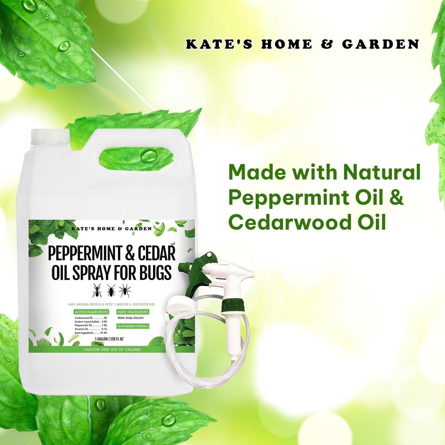 Kate's Home & Garden Peppermint Oil Spray for Bugs, Ants, Insects, Spiders, Stink Bug. Pesticide and Insecticide Indoor Repellent Pest Control with Cedarwood Oil (Gallon, Natural, Pet Safe, Non Toxic)