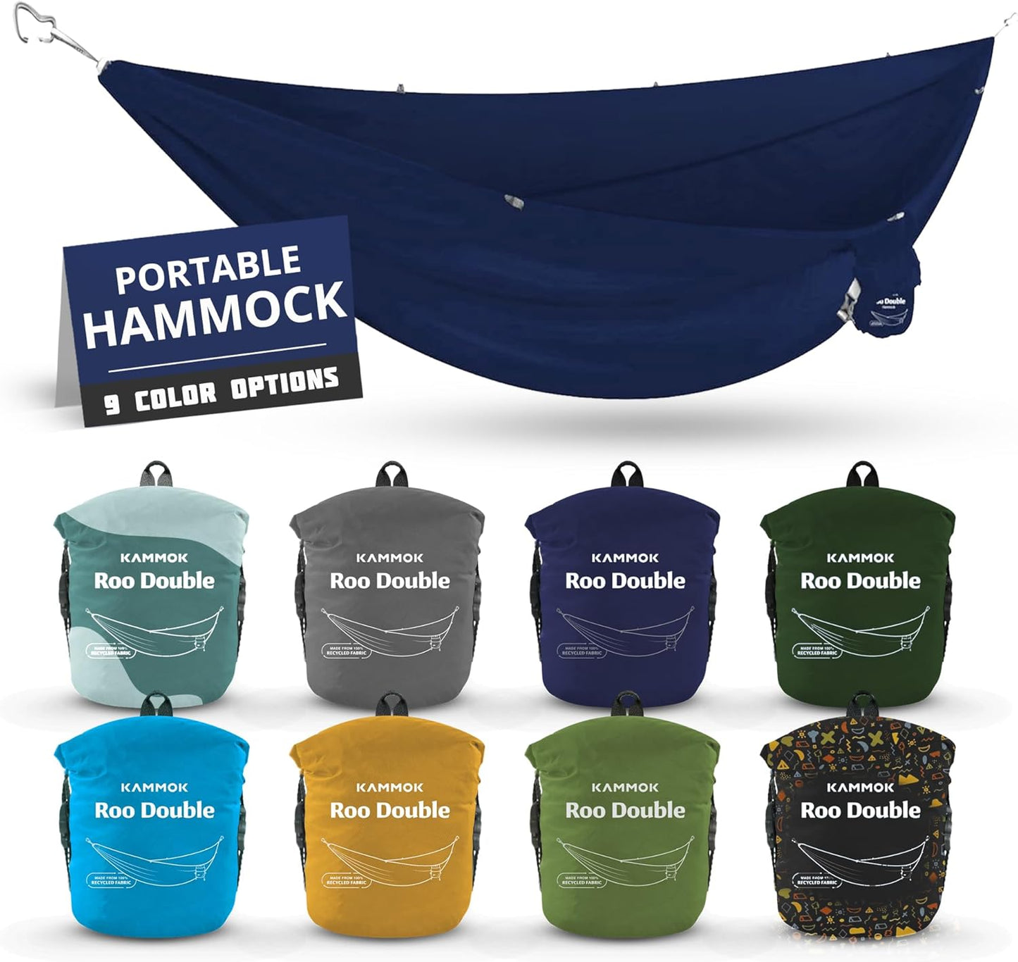 KAMMOK: Roo Double Hammock | Made from Strong & 100% Recycled Water Resistant Ripstop Fabric | Comfortable, Packable, Lightweight (Lifetime Adventure Grade Warranty), Midnight Blue