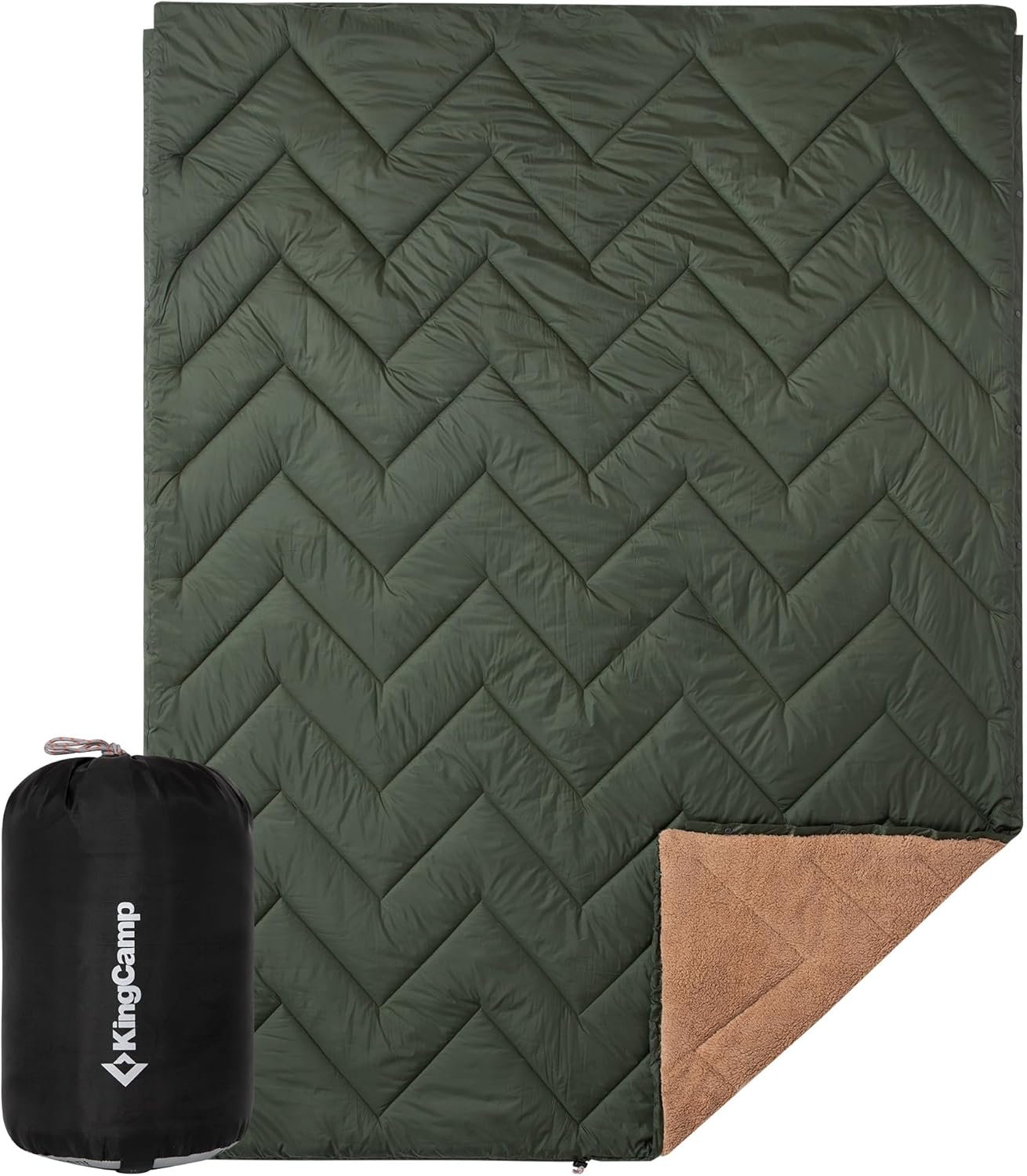 KingCamp Large Camping Blanket with Sherpa Lining, Packable Down Alternative Puffy Printed Wearable Blanket with Snap Buttons, Warm Weatherproof Quilt for Outdoor Travel (79" L x 57" W, Khaki/Olive)