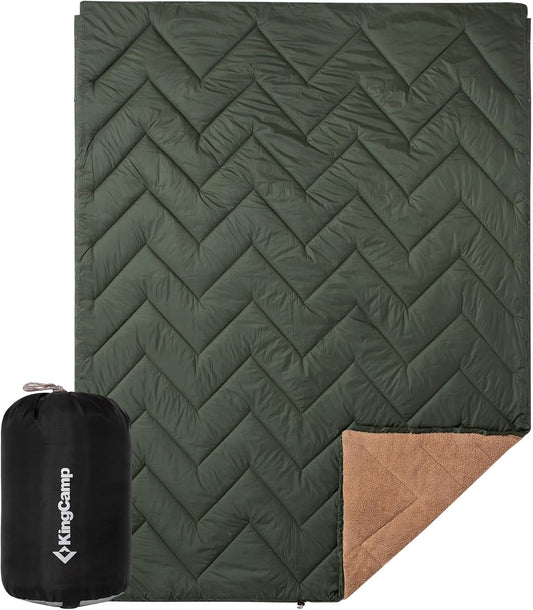KingCamp Large Camping Blanket with Sherpa Lining, Packable Down Alternative Puffy Printed Wearable Blanket with Snap Buttons, Warm Weatherproof Quilt for Outdoor Travel (79" L x 57" W, Khaki/Olive)