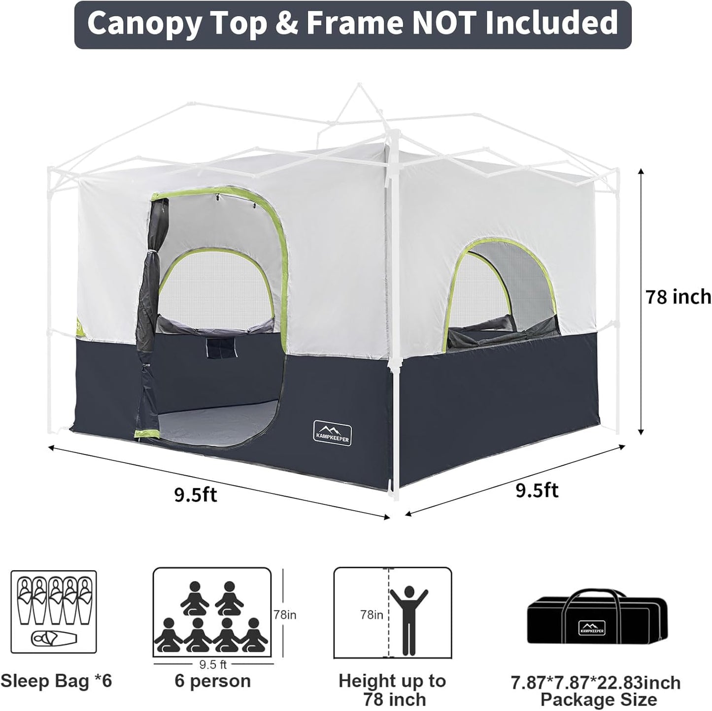 KAMPKEEPER Camping Inner Tent for Pop Up Canopy, Converts 10'x10' Straight Leg Canopy into Camping Tent–Fully Vented Roof(Top & Frame NOT Included), Black
