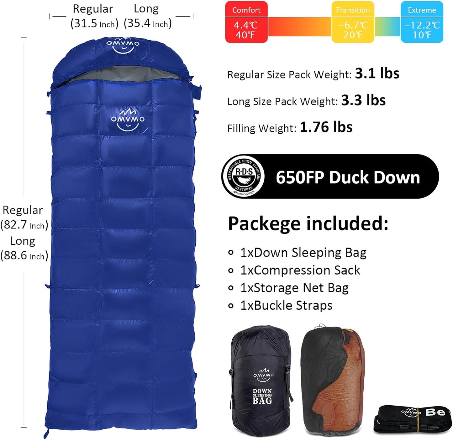 -10°F 0°F 10°F 15°F Down Sleeping Bag for Adults,800/650 Fill Power,Ultralight Wearable 4 Season Cold Weather Rectangle Sleeping Bag for Camping Hiking,Can be Used as a Down Blanket or Cloak