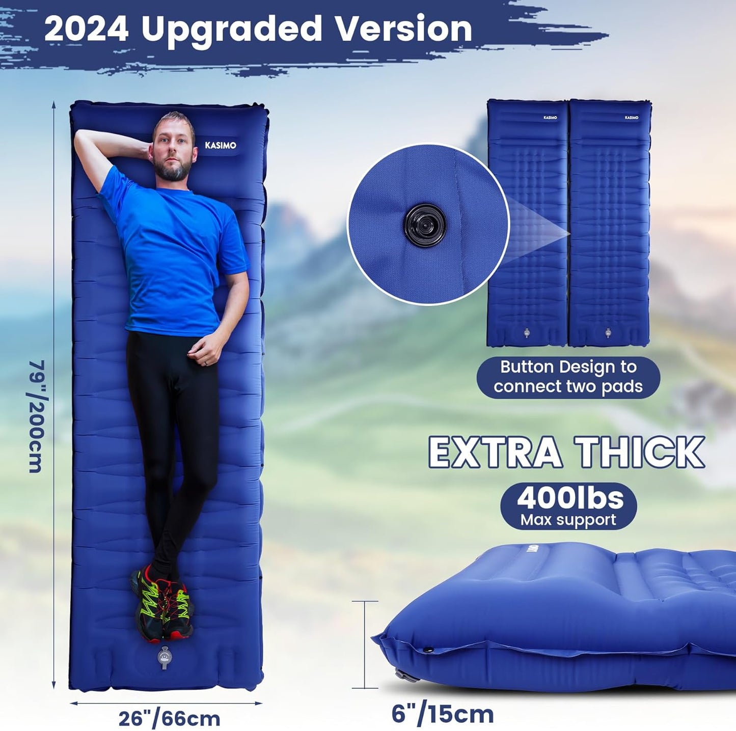 KASIMO Camping Sleeping Pad Ultra Thick 6 Inch Sleeping Mat with Pillow & Built-in Foot Pump - Ultralight Inflatable Pad for Backpacking, Hiking, Tents, Camping, Travel, Floor