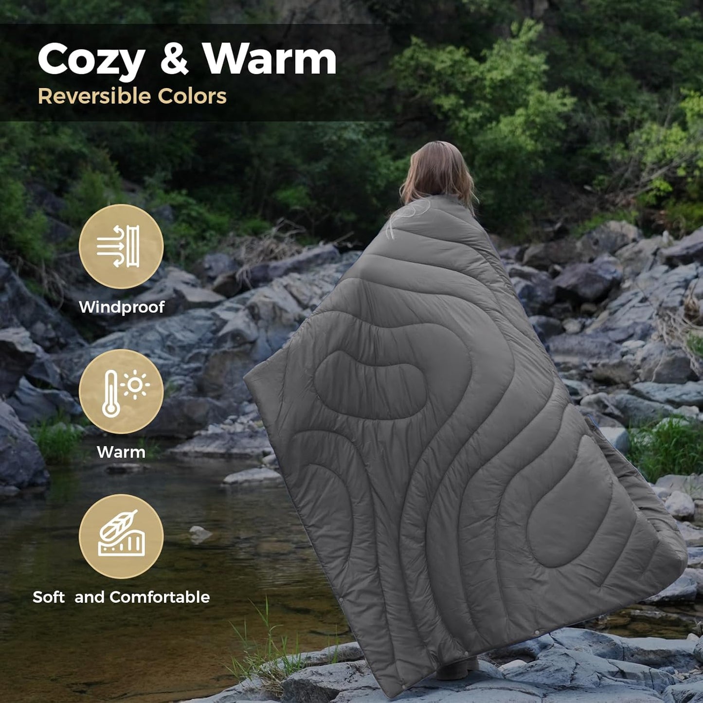 KingCamp Ultralight Camping Blanket Packable Down Alternative Puffy Wearable Blankets Weatherproof Warm Package Quilt with Snap Buttons & Corner Loops for Outdoor Travel Stadium (69" L x 53" W, Grey)