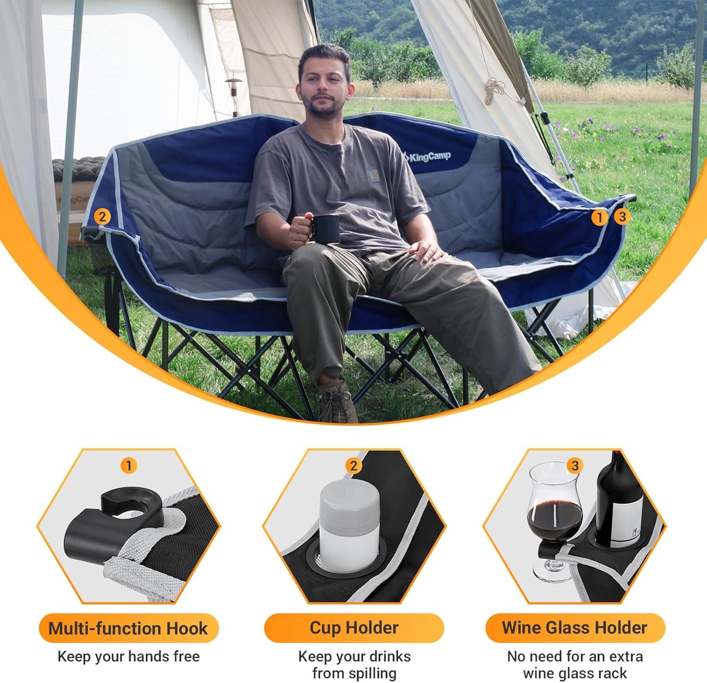 KingCamp 3 Person Camping Chair, Oversized 660lbs Heavy Duty Loveseat for Adults Portable Folding XL 2 Person Couch Padded Comfortable Three Seat with Cup Holder for Outdoor Lawn Backyard, Black/Grey