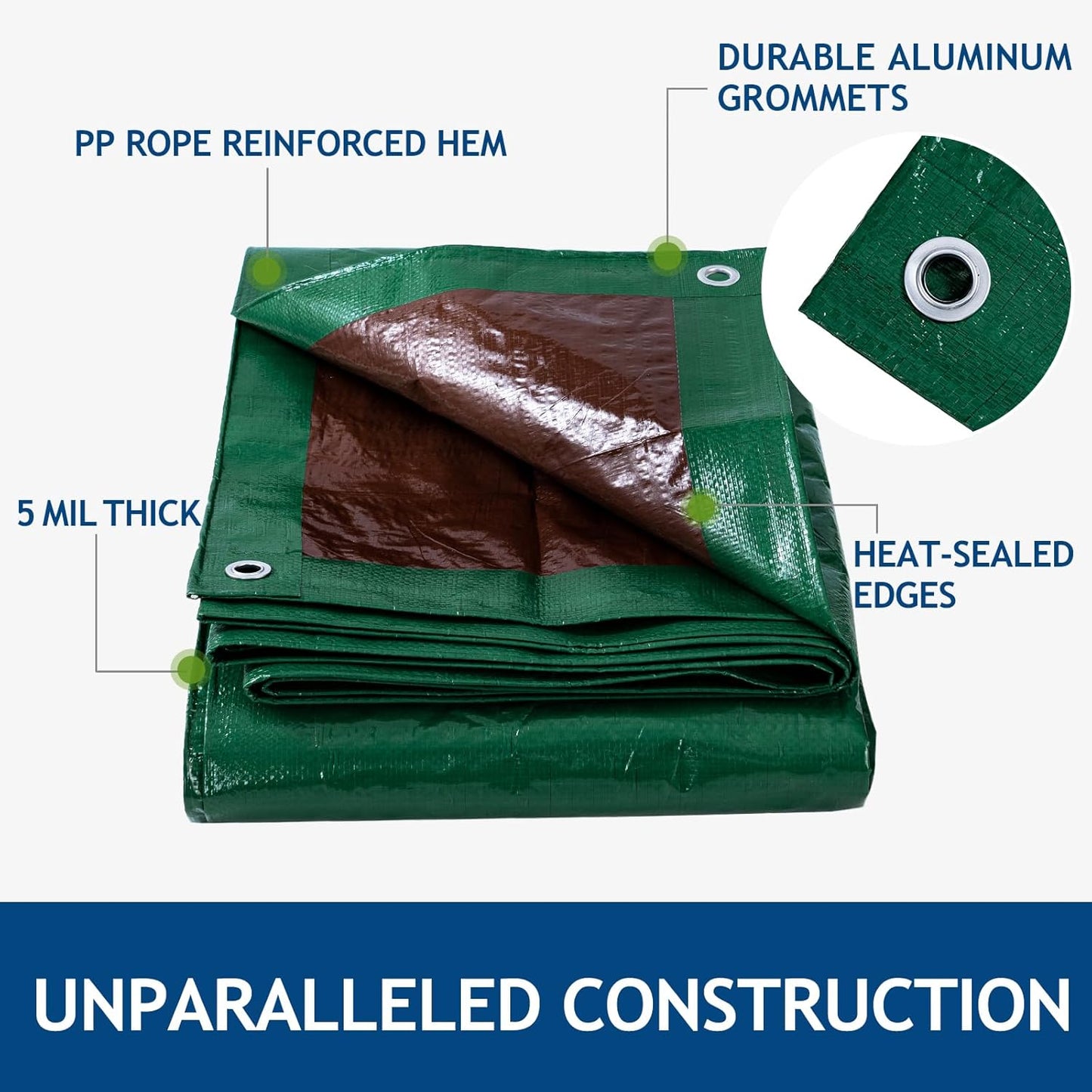 16x20Ft Tarp Cover 5 MIL Waterproof Poly Tarps, Light Duty Tarpaulin with Grommets, Reinforced Edges, Rip & Tear Proof, Multipurpose Finished Size Tarp for Cars, Boat, Roof, Camping - Green