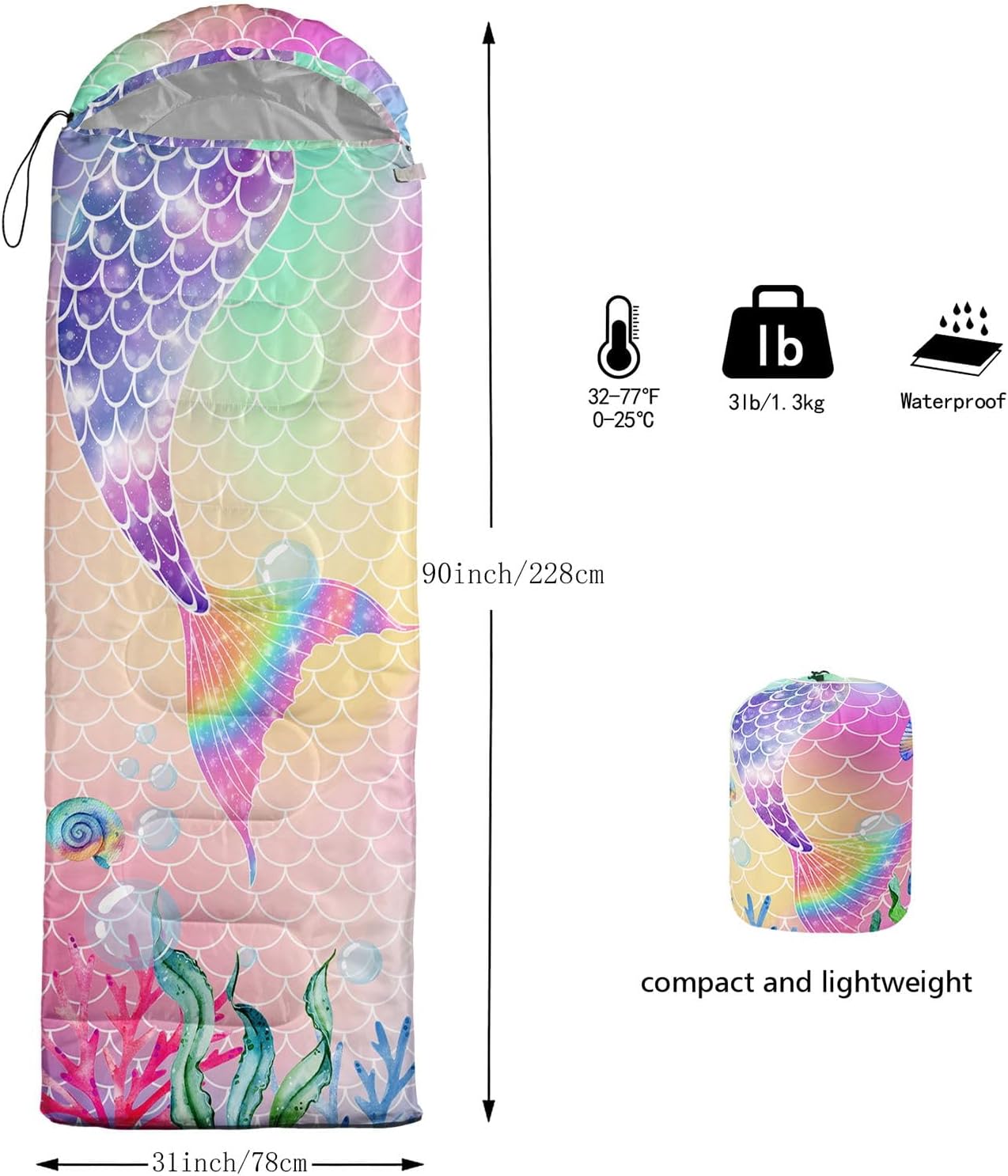 Kids Sleeping Bag for Boys Girls,Rocket Moon Print-Lightweight Warm Portable Outdoor Indoor-Waterproof Cold Weather Resistant Sleeping Bag for Camping Hiking