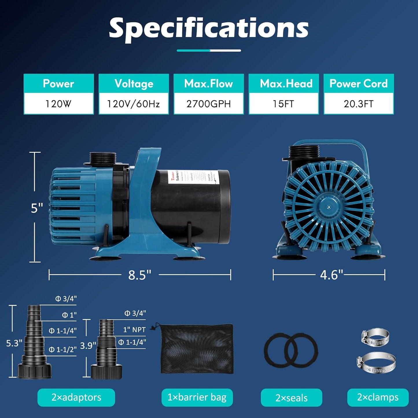 120W 2700 GPH Pond Pumps for Outdoor Ponds & Water Garden, 180° Adjustable Water Direction, Pond Fountain Pump with 20FT Power Cord & Barrier Bag, Ultra-Quiet Pond Waterfall Pump, UL Listed