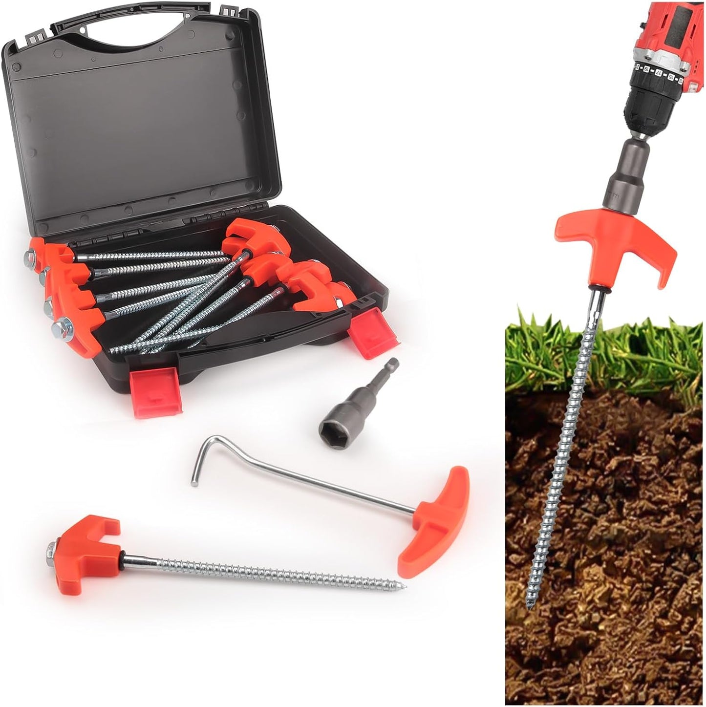 12 Pcs Tent Stakes Heavy Duty, 8 inch Ground Anchors Screw in, Screw in Tent Stakes, Camping Stakes with Storage Box, Threaded Tent Spikes with Hex Head Driver and Stake Puller, Ground Stakes