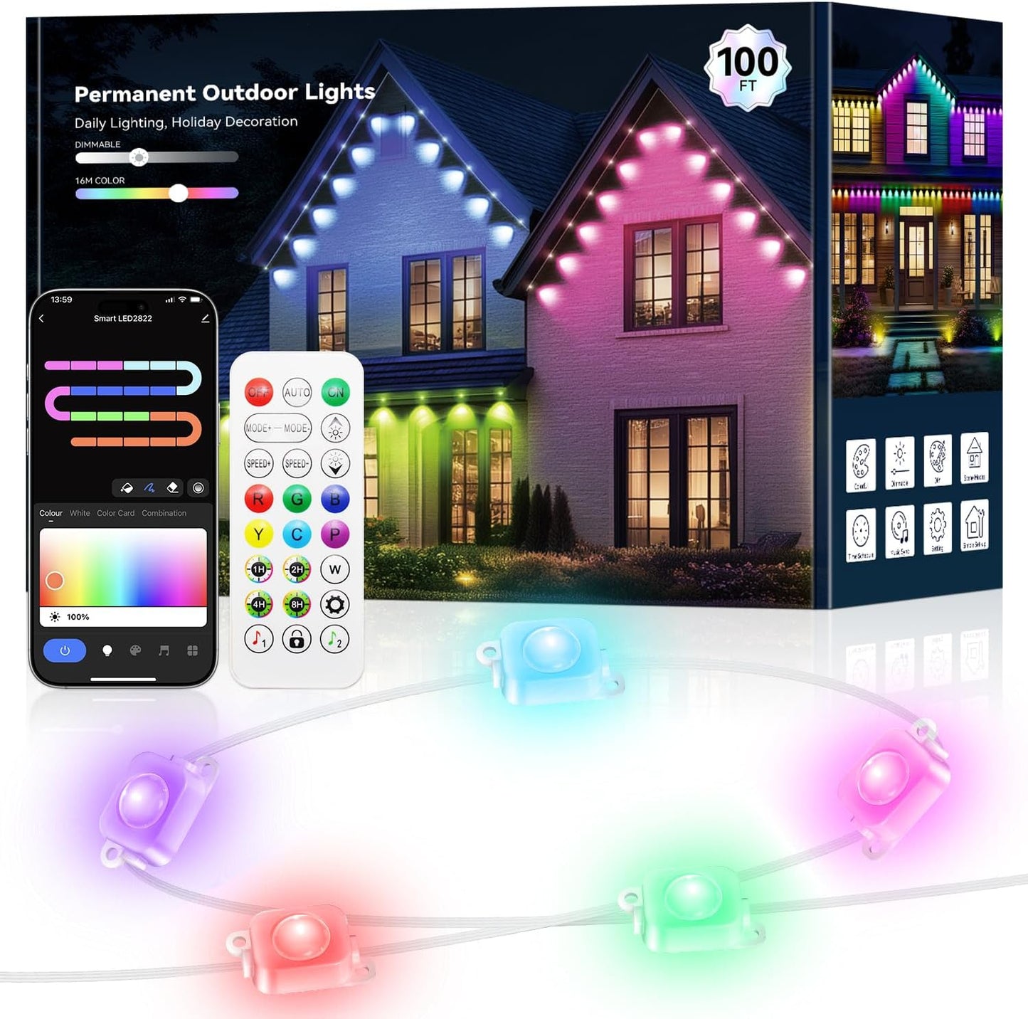 100FT Permanent Outdoor Lights for House -Eaves Lights with 50 IC+RGBCW LED IP67 Waterproof, Smart Outside LED Christmas Light with App/Remote, Eternity Lighting for Holiday/Daily