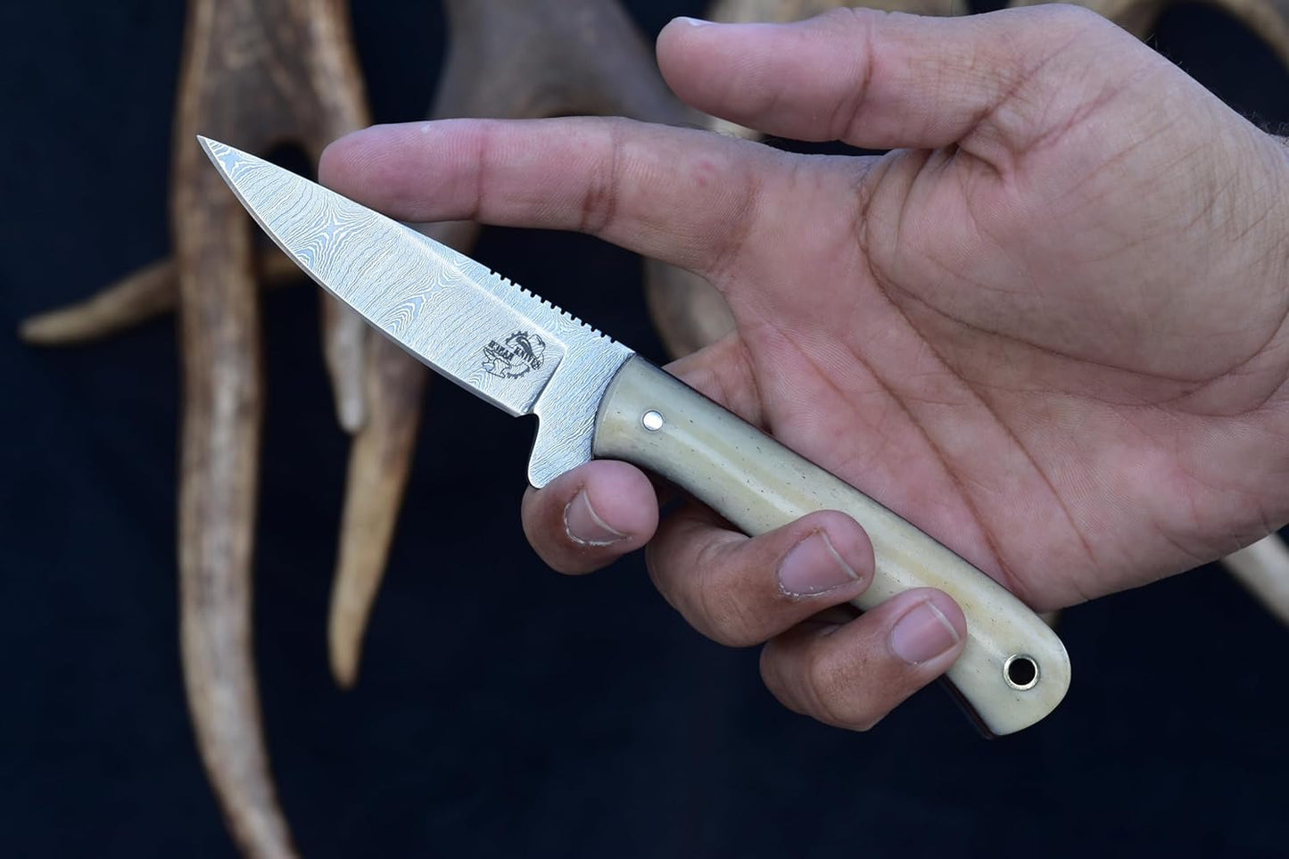 Knives Ranch 7" Full Tang EDC Hunting Knife - Damascus Steel - Excellent Edge Retention - Bone Handle - Horizontal Carry Leather Sheath Snug Fit (3056-B)