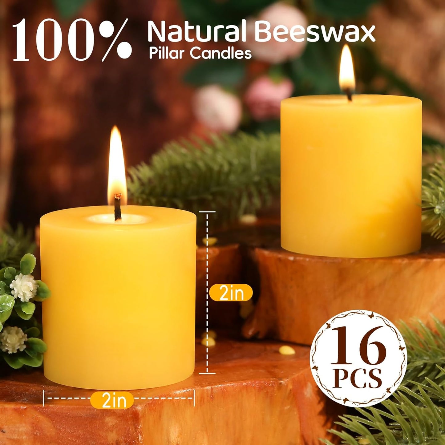 16 pcs-2x2in Natural Beeswax Pillar Candles,Bees Wax Candles for Meditation,320 Hours Long Burning Beeswax Candles,Burning Releases Negative Ions to Purify The Air