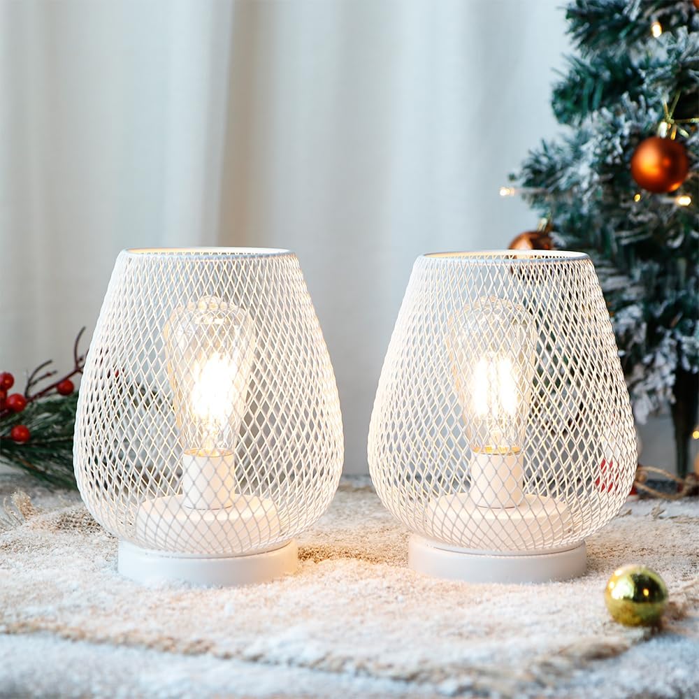JHY DESIGN Set of 2 Metal Cage LED Lanterns Battery Powered Cordless Accent Light with LED Great for Weddings Parties Patio Events for Indoors Outdoors(White)