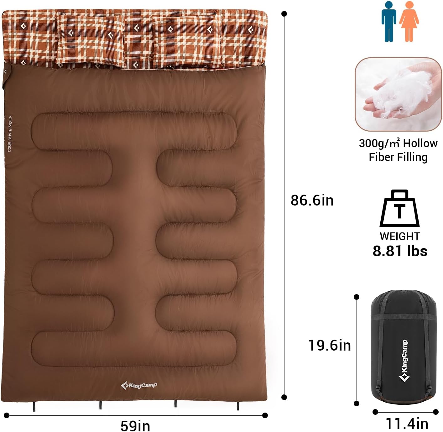 KingCamp Double Sleeping Bag for Adults, Queen Size 2 Person XXL Flannel Sleeping Bag, Waterproof Lightweight Flannel Quilt with 2 Pillows, Perfect for Couples Family Camping Hiking