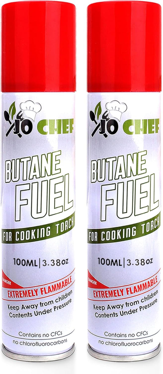Jo Chef Butane Refill, Butane Torch Fuel Refill, Gas Lighter Fluid Refill Canister, Kitchen Blow Torch Fluid – Universal Tip – 2 Cans (3.38oz)