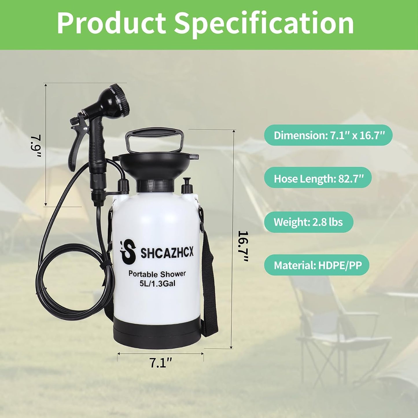 1.3 Gallon/5L Portable Shower with 10 Spray Modes, No Power Needed, Multi-use Sprayer for Camping & Beach Shower, Hiking, Pet Bath, Car Washing, Plant Spraying, White