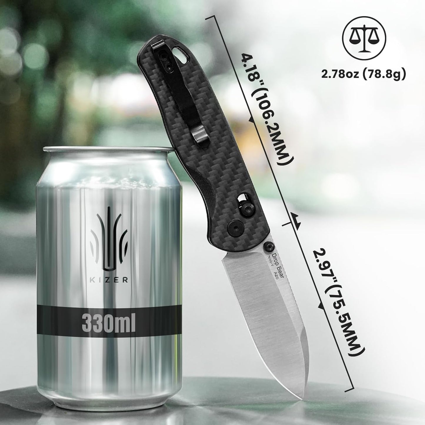 Kizer Drop Bear EDC Pocket Knife, 2.97” Nitro-V Steel Blade G10 Carbon Fiber Handle Folding Knife with Thumb Stud Opener, Lightweight Clutch Lock Camping Hunting Knife for Men Women Gift V3619A3