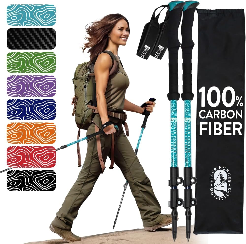 100% Carbon Fiber Trekking Poles by USA Brand - Ultra Strong Lightweight Collapsible Hiking Poles with Cork and EVA Foam Grips & Quick Adjustable Flip Locks