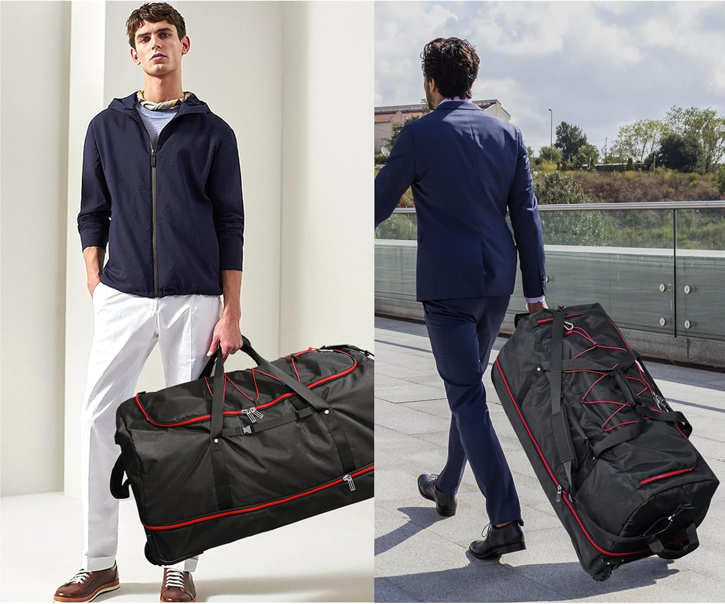 110L/140L Expandable Soft-Sided Foldable Duffle Bag with 2 Rubber Wheels,Packable 32” Rolling Carry-On with Multi-Pockets & Compartments,Black Red