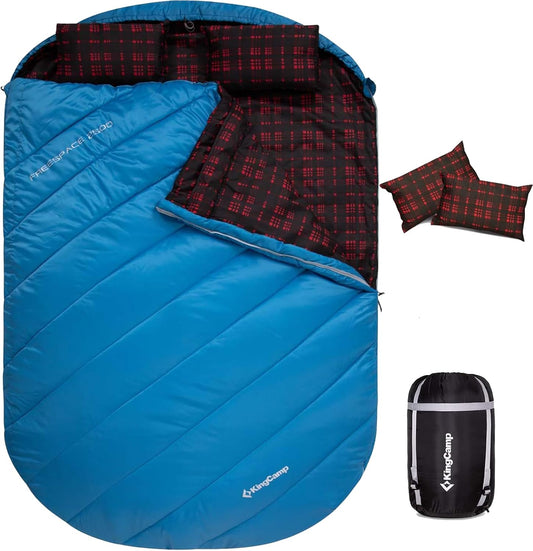 KingCamp Double Sleeping Bag for Adults, Queen Size 2 Person XXL Flannel Sleeping Bag, Waterproof Lightweight Flannel Quilt with 2 Pillows, Perfect for Couples Family Camping Hiking
