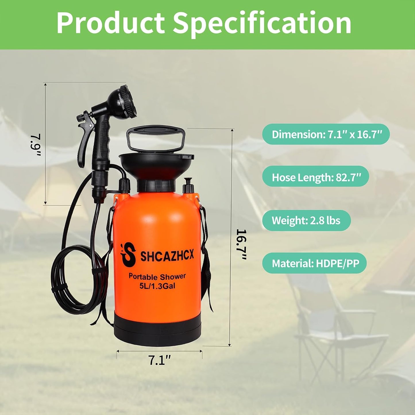 1.3 Gallon/5L Portable Shower with 10 Spray Modes, No Power Needed, Multi-use Sprayer for Camping & Beach Shower, Hiking, Pet Bath, Car Washing, Plant Spraying, Orange