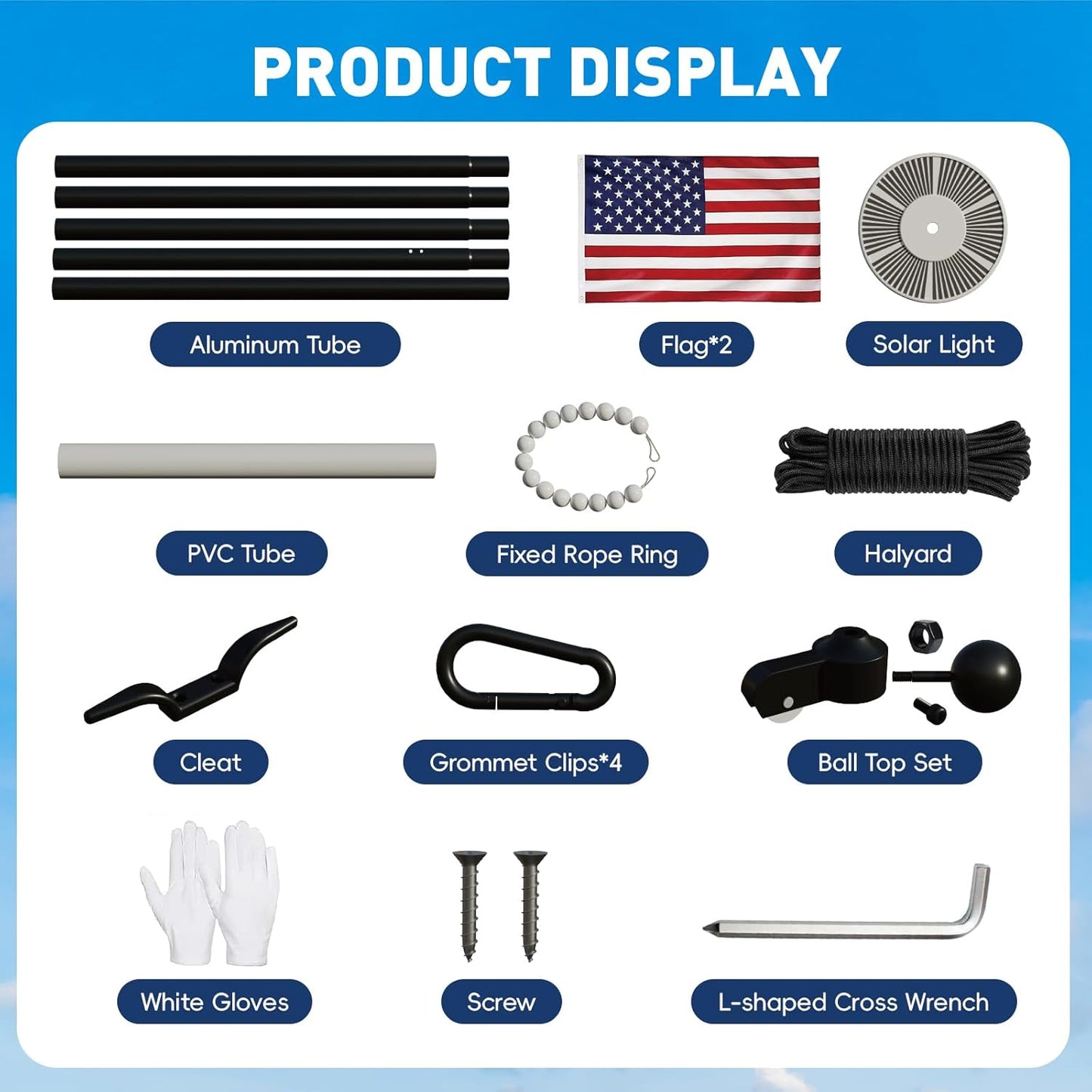 16FT Flag Pole with Solar Light Thick Aluminum Heavy Duty Flag Pole Kit 100MPH Wind Tested, Includes 2PCS 3x5 US Flag for Outdoor Use