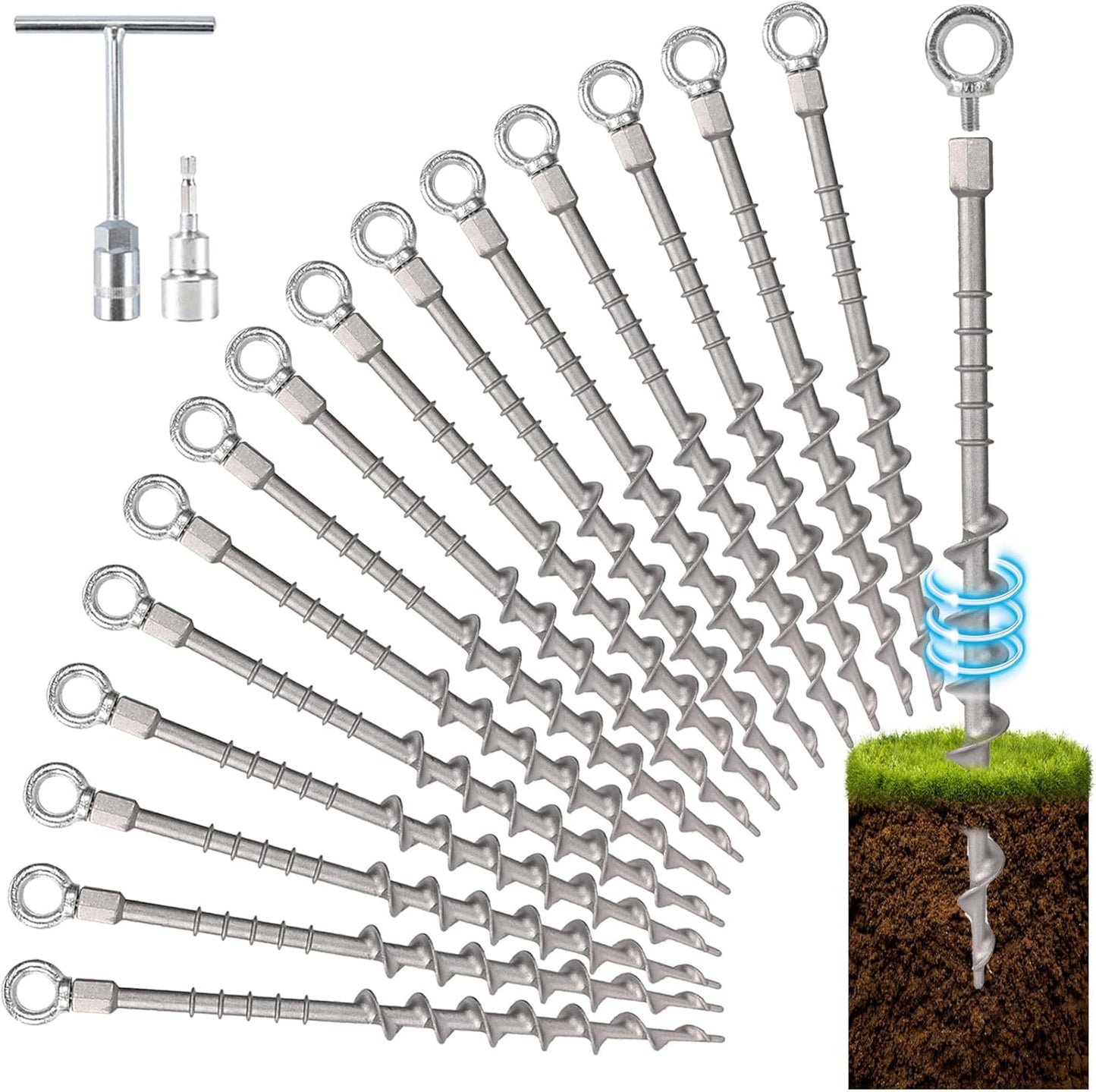 14" Ground Anchors Screw in Non-Rust Cast Aluminum Detachable Tent Stakes for Camping Tents, Sand, Trampoline, Swing Sets and Sheds（16 Packs）