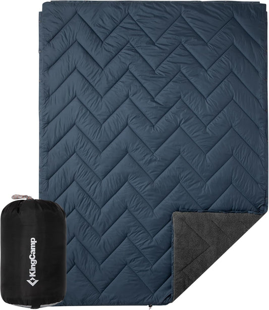 KingCamp Large Camping Blanket with Sherpa Lining, Packable Down Alternative Puffy Printed Wearable Blanket with Snap Buttons, Warm Weatherproof Quilt for Outdoor Travel (79" L x 57" W, Grey/Navy)