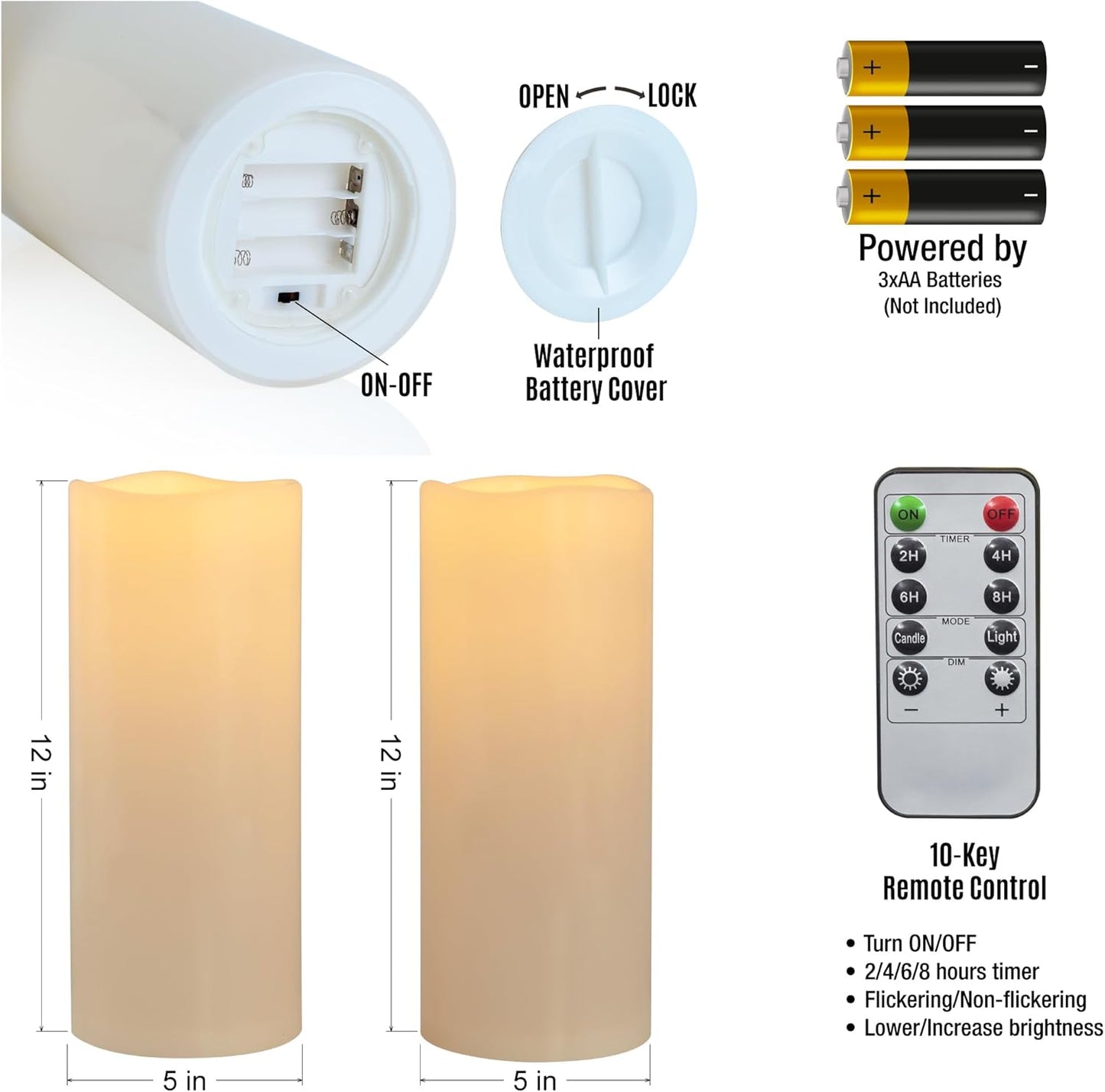 12" x 5" Waterproof Extra Large Outdoor Flameless Candles Battery Operated LED Flickering Pillar Candles with Remote for Indoor Outdoor Lanterns, Long Lasting, Ivory White Large, Set of 2