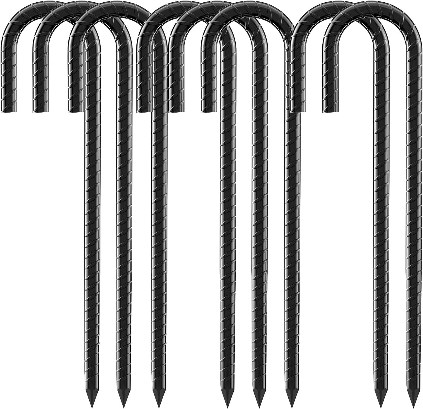 12 Inch Rebar Stakes, 8 Pack J Hook Heavy Duty Ground Stakes for Canopy Tent Trampoline and Chain Link Fence Rust Proof Coated Steel Ground Stakes Ground Anchors (Black)