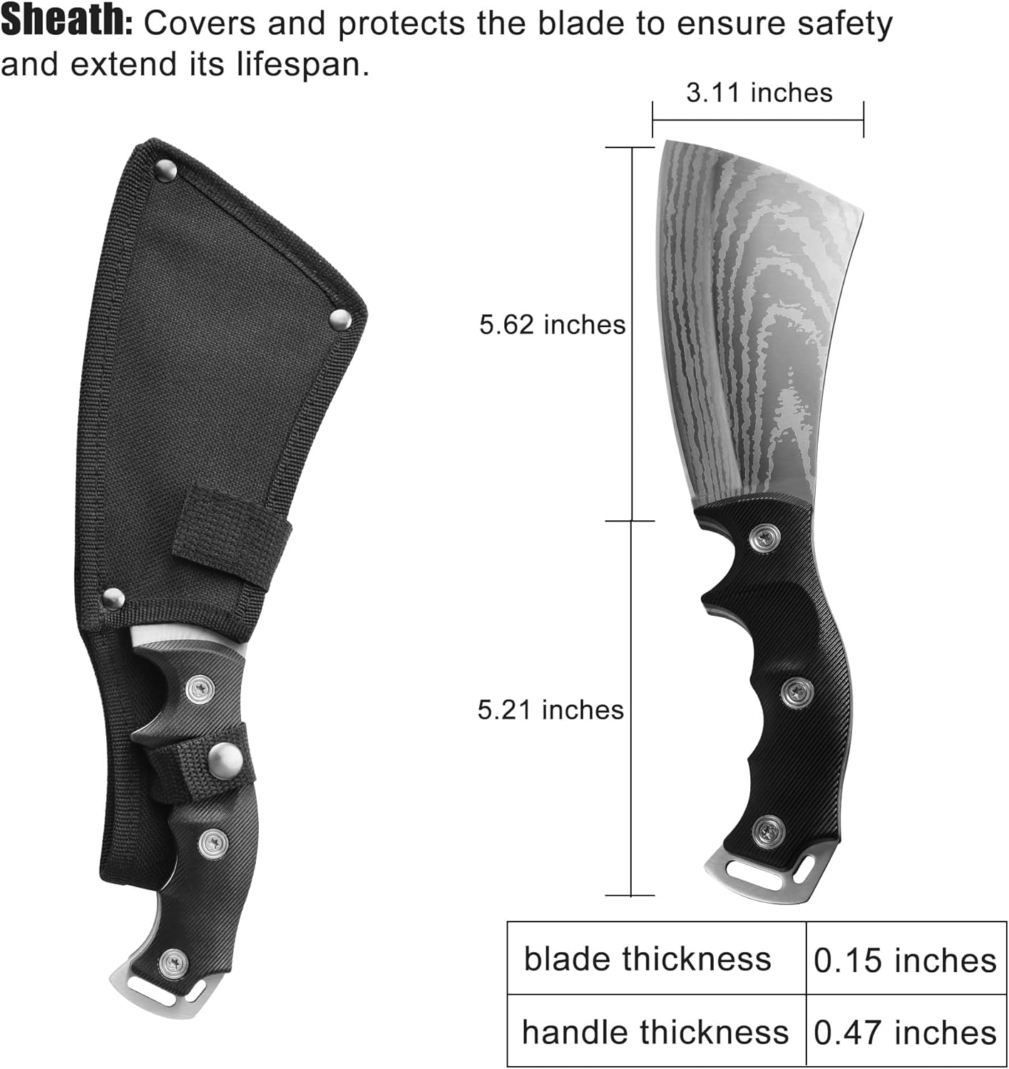 11 Inch Hatchet with Sheath, Small Compact Machete Axes, Fixed Blade Full Tang Camping Tactical Knife for Woodworking, Garden Machete Axe with Sheath for Bushcraft Yards Bushes Wood, A4SL