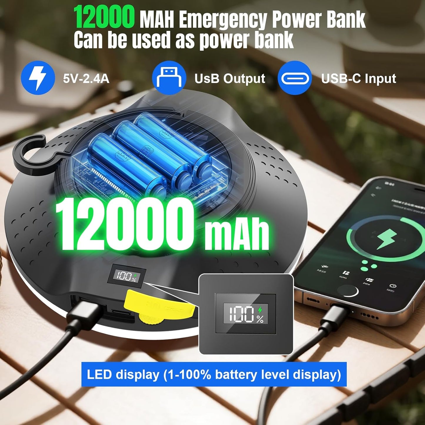 12000mAh 20000LM Solar Portable LED Camping Lantern, Rechargeable Light 120W with Magnet , Flashlight, IPX66 Waterproof Tent Lights Power Failure Emergency for Power Outages, Emergency, Tent, Outdoor