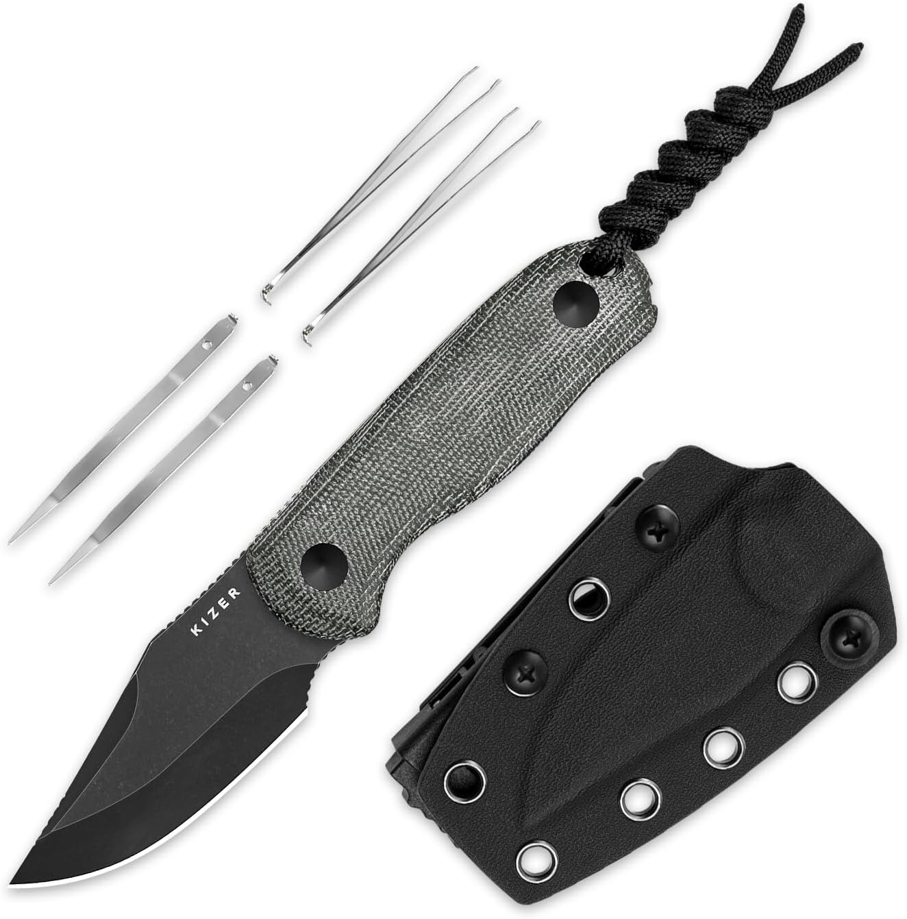 Kizer Drop Bear Fixed Blade Knife, 2.6" AEB-L Black Stonewash Blade EDC Camping Knife with Black Micarta Handle & Hidden Tools, Full Tang Hunting Survival Knives with Adjustable Kydex Sheath, 1092A1