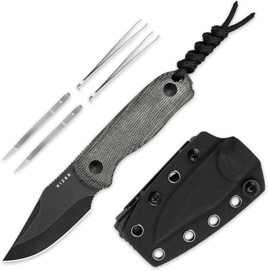 Kizer Drop Bear Fixed Blade Knife, 2.6" AEB-L Black Stonewash Blade EDC Camping Knife with Black Micarta Handle & Hidden Tools, Full Tang Hunting Survival Knives with Adjustable Kydex Sheath, 1092A1