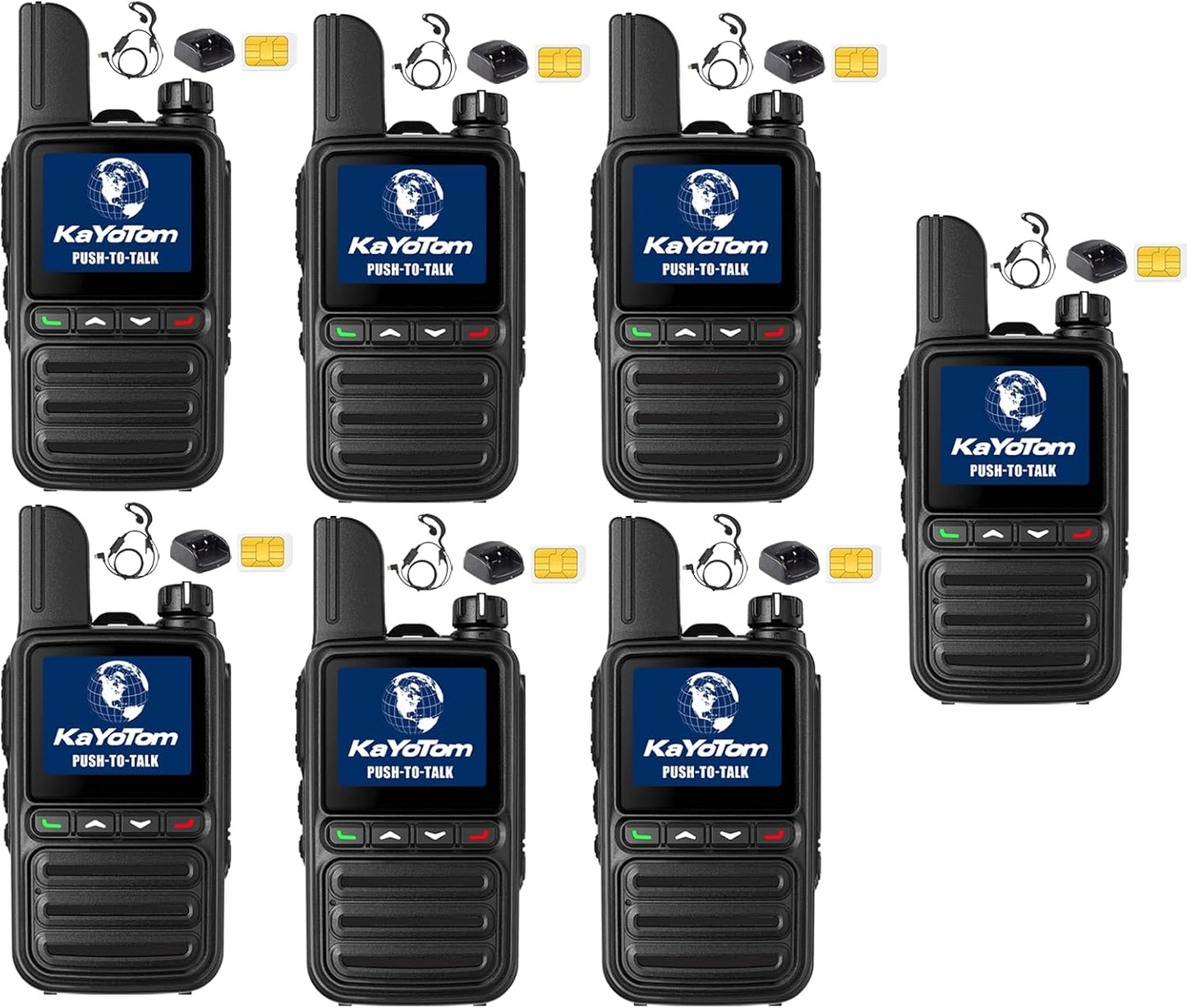 KAYOTOM Global Walkie Talkies Unlimited Range PTT Push-to-Talk Over Cellular Nationwide 5000 Miles POC 4G Handheld Long Range Two Way Radio for Team (with Charging Dock & Earphones, 7-Packs)